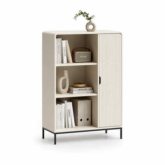 Regał stojący z drzwiami ryflowanymi 80 x 35 x 120 cm MDF kremowy z czarną stalową podstawą