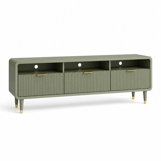 Szafka RTV 180 x 40 x 50 cm MDF ryflowana oliwkowa z otwartymi półkami i przepustami kablowymi
