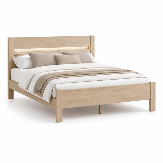 Łóżko 160 x 200 cm z oświetleniem LED płyta laminowana prostokątne jasny dąb 210 x 168 x 105 cm
