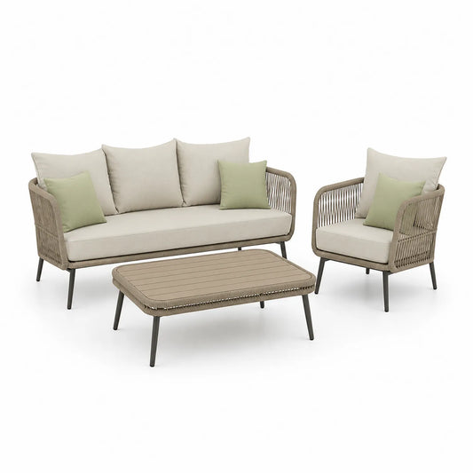 Zestaw mebli ogrodowych sofa dwuosobowa fotel i stolik kawowy technorattan PE beżowy zielony 3 elementy