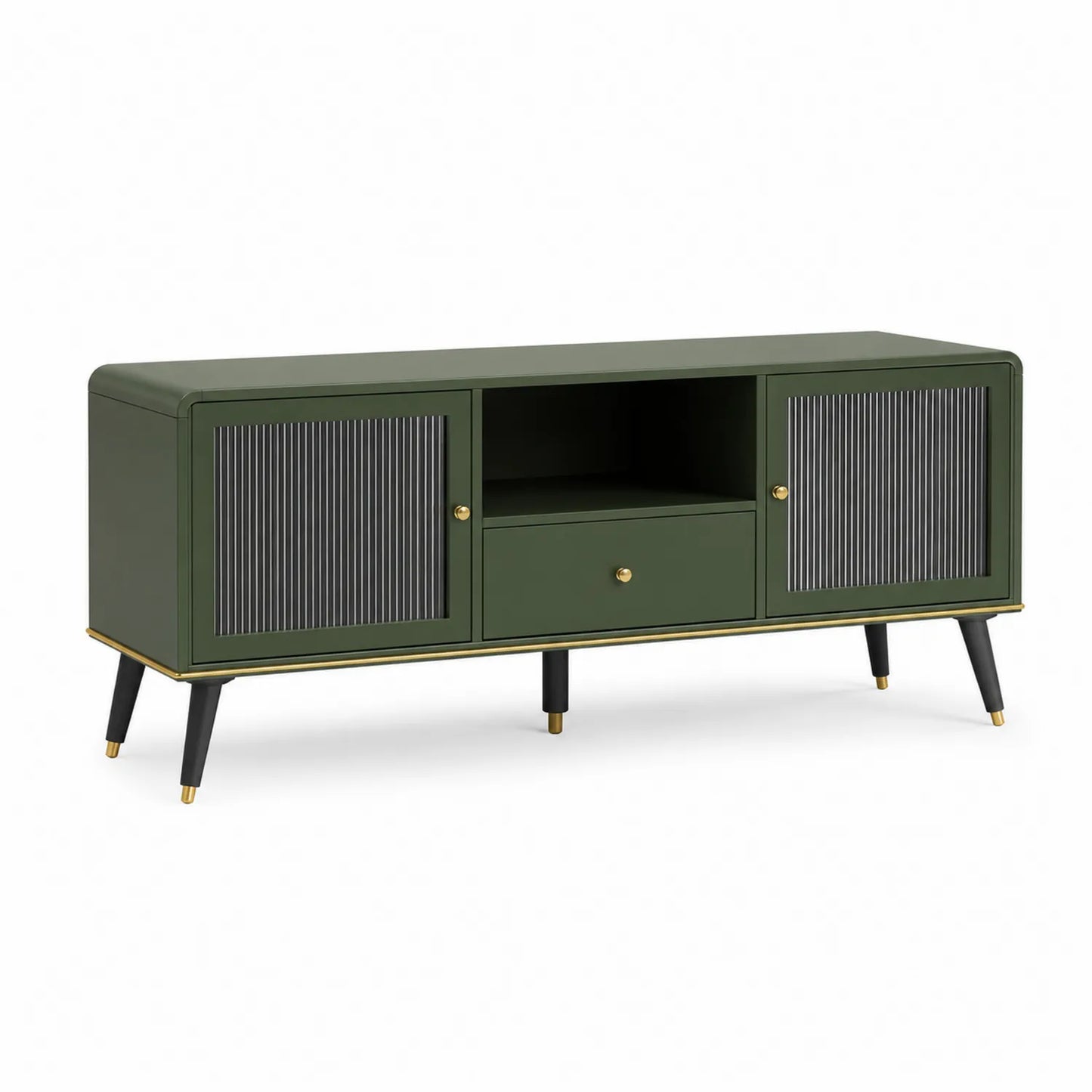 Szafka RTV 160 x 40 x 50 cm MDF lakierowana zielona ryflowane fronty złote detale czarne nogi prostokątna