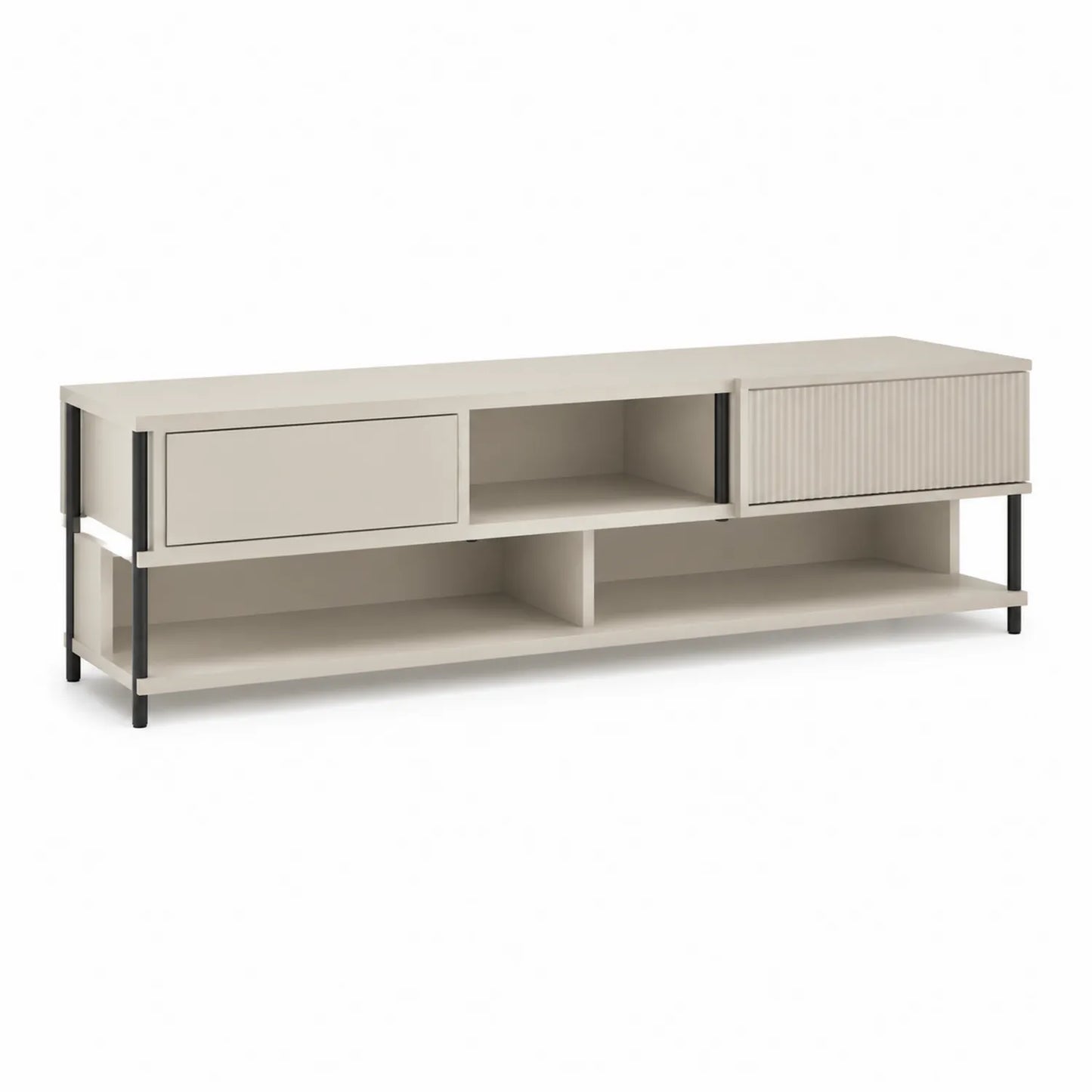 Szafka RTV 180 cm x 40 cm x 50 cm MDF laminowana kremowa czarna prostokątna z drzwiami przesuwnymi i półkami