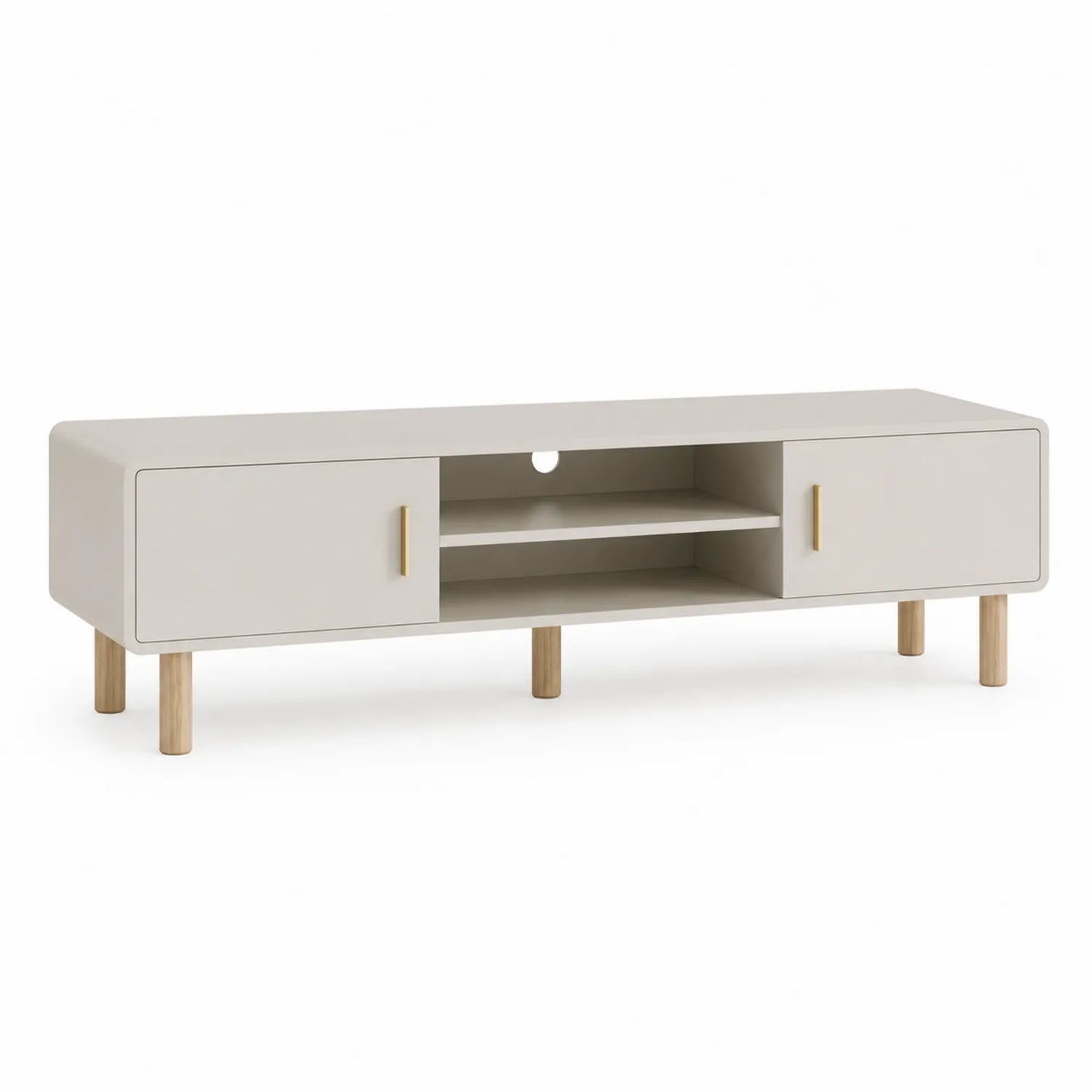 Szafka RTV 160 x 40 x 45 cm MDF kremowa złote uchwyty drewniane nogi prostokątna