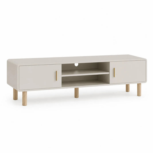 Szafka RTV 160 x 40 x 45 cm MDF kremowa złote uchwyty drewniane nogi prostokątna
