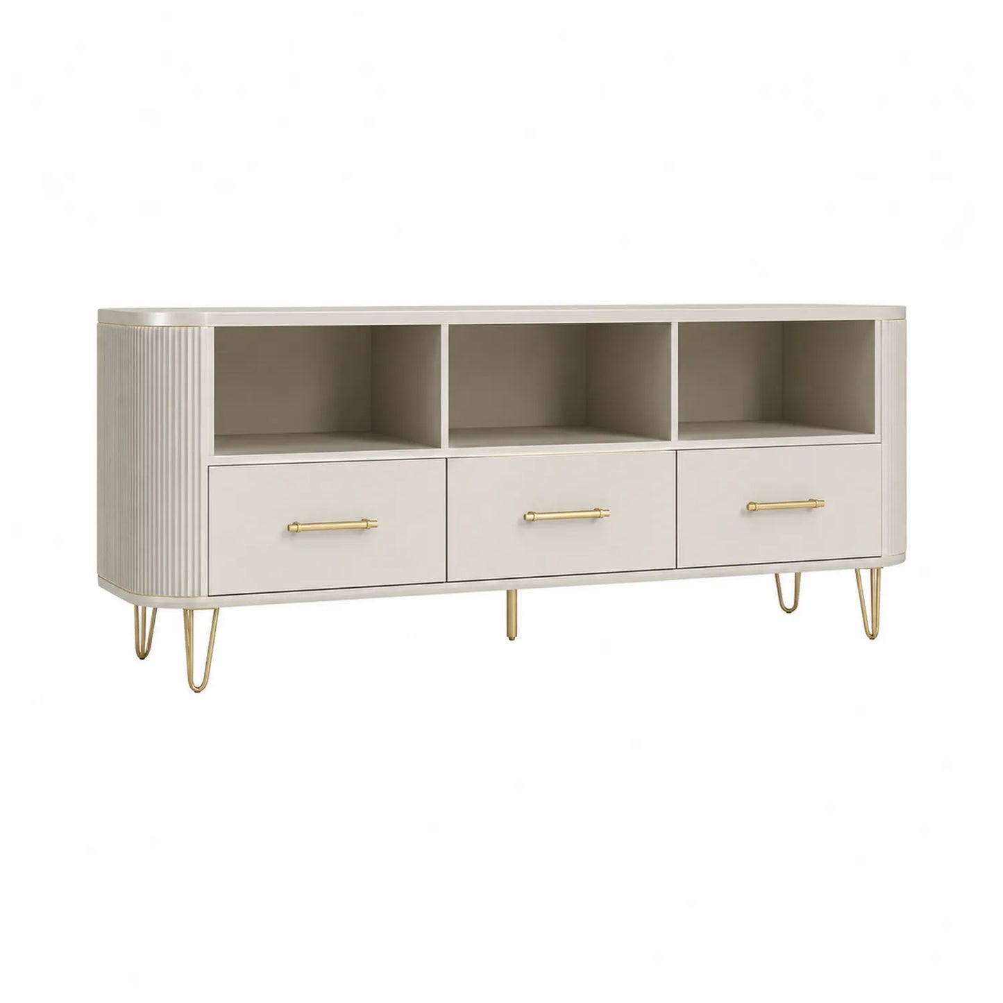Szafka RTV 160 x 40 x 50 cm z MDF i stalą prostokątna kremowa złota z 3 szufladami