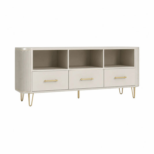 Szafka RTV 160 x 40 x 50 cm z MDF i stalą prostokątna kremowa złota z 3 szufladami