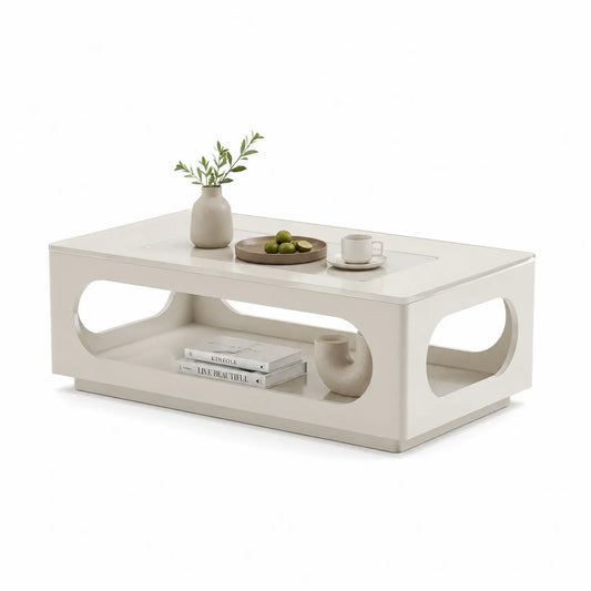 Stolik kawowy prostokątny 120 cm 60 cm 40 cm MDF lakierowany kremowy szkło hartowane transparentne