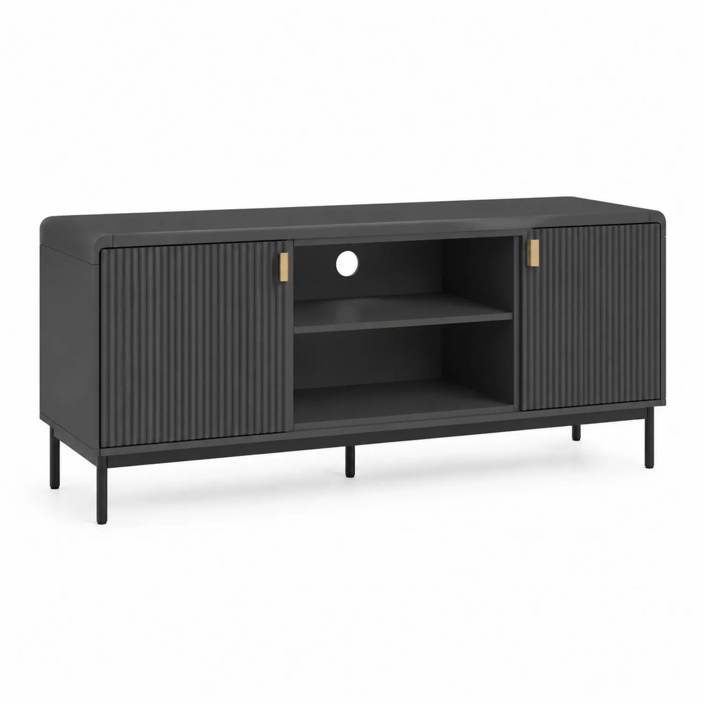 Szafka RTV 160 x 40 x 50 cm MDF ryflowane fronty czarna złote detale prostokątna