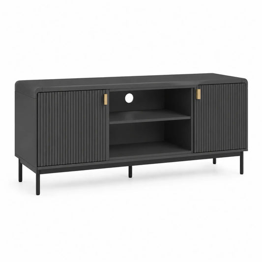 Szafka RTV 160 x 40 x 50 cm MDF ryflowane fronty czarna złote detale prostokątna