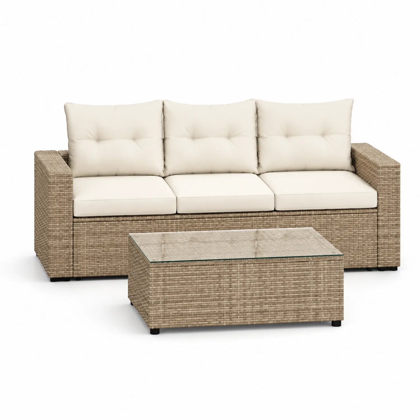 Zestaw mebli ogrodowych sofa 3-osobowa z technorattanu PE beżowy kremowy z stolikiem szklanym około 200x80x70 cm