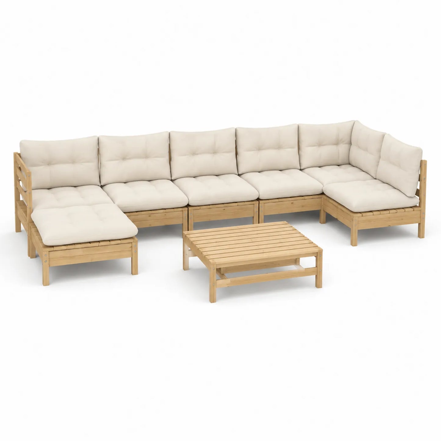 Zestaw mebli ogrodowych sofa modułowa U kształt drewno akacjowe poduszki beżowe stolik kawowy drewniany