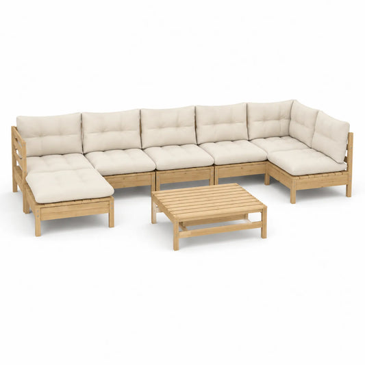 Zestaw mebli ogrodowych sofa modułowa U kształt drewno akacjowe poduszki beżowe stolik kawowy drewniany