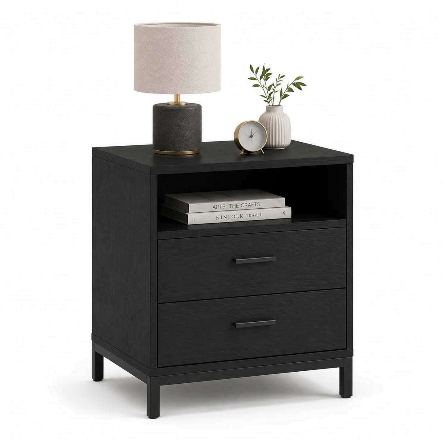 Szafka nocna 50 x 40 x 60 cm z MDF i metalem prostokątna czarna z otwartą półką i dwiema szufladami
