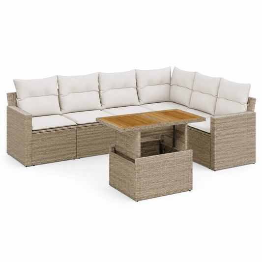 Zestaw mebli ogrodowych narożna sofa modułowa 285 x 210 x 72 cm technorattan PE beżowy kremowy z podnoszonym stolikiem