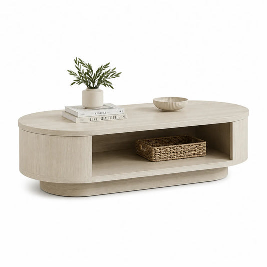 Stolik kawowy owalny 120 cm 60 cm 42 cm MDF fornir dębowy jasny dąb z otwartą półką