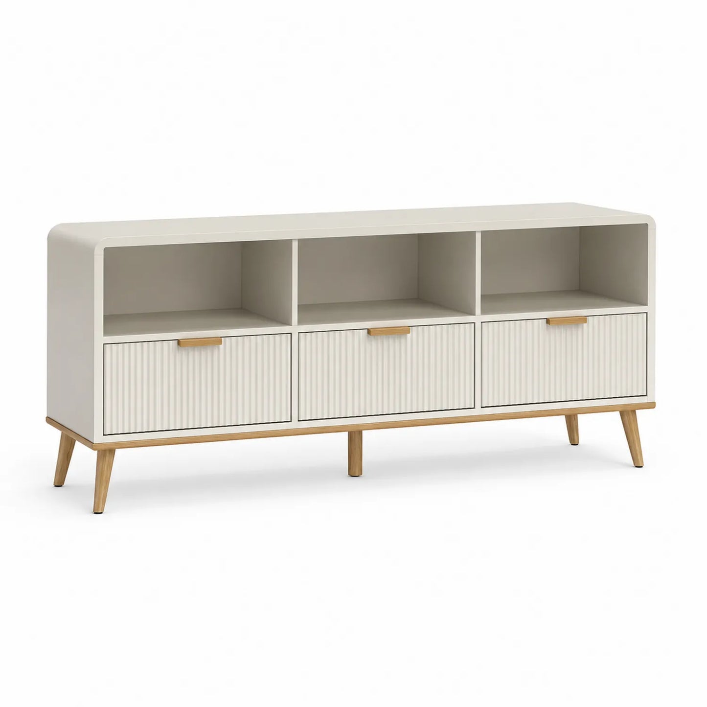 Szafka RTV 160 cm x 40 cm x 50 cm MDF laminowana beżowa jasne drewno prostokątna z trzema szufladami i otwartymi półkami