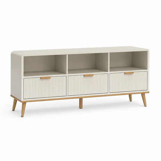 Szafka RTV 160 cm x 40 cm x 50 cm MDF laminowana beżowa jasne drewno prostokątna z trzema szufladami i otwartymi półkami