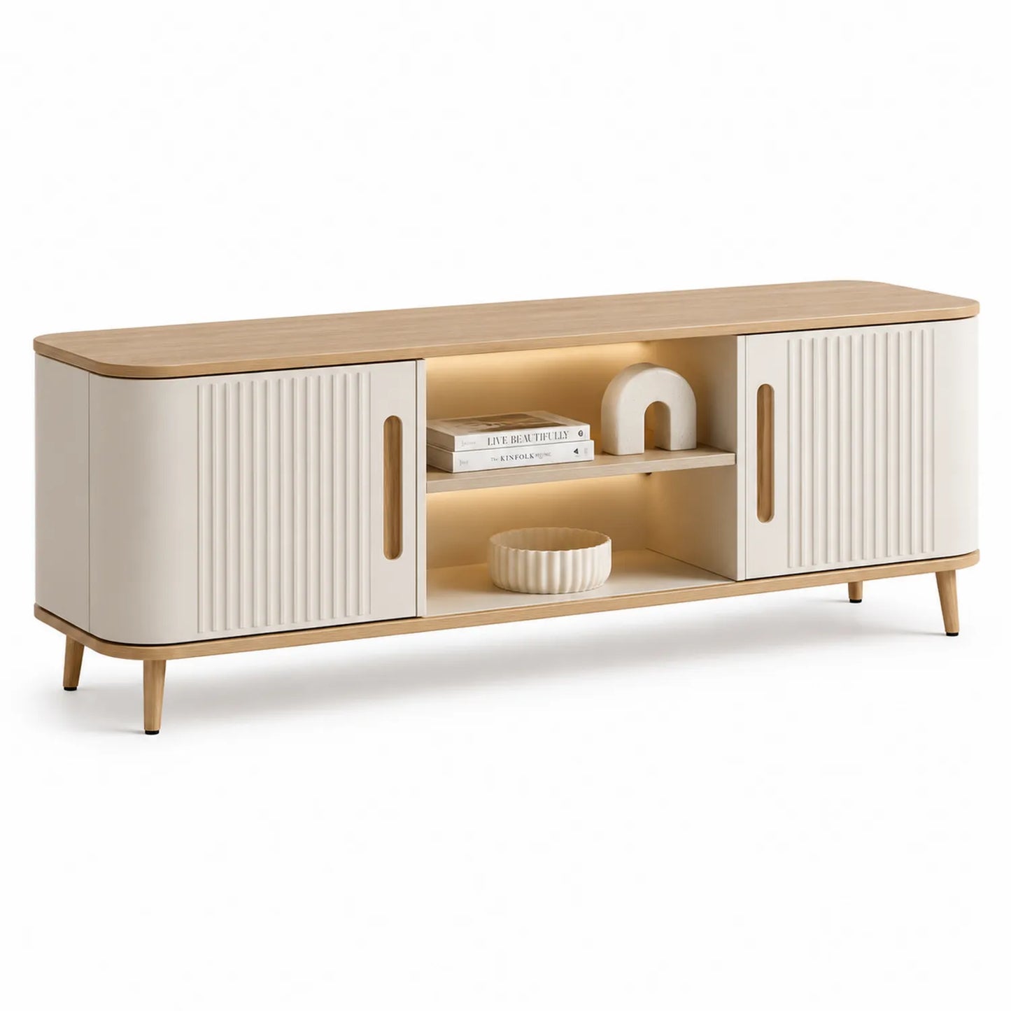 Szafka RTV 180 cm x 40 cm x 50 cm MDF laminowany prostokątny kremowy jasny dąb ryflowane fronty LED