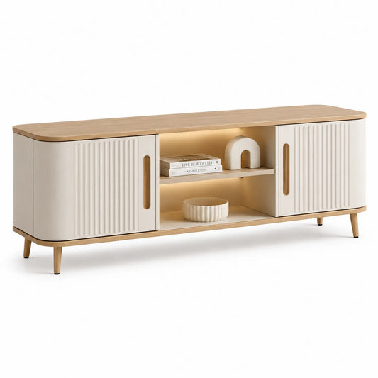 Szafka RTV 180 cm x 40 cm x 50 cm MDF laminowany prostokątny kremowy jasny dąb ryflowane fronty LED