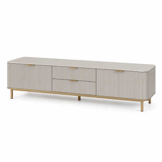 Szafka RTV 180 cm x 40 cm x 50 cm MDF laminowana beżowa złote uchwyty metalowe nogi prostokątna z drzwiami i szufladami