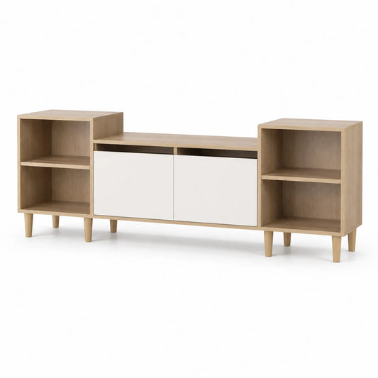 Szafka RTV 180 x 40 x 55 cm MDF laminowana dąb jasny biały prostokątna z bocznymi regałami