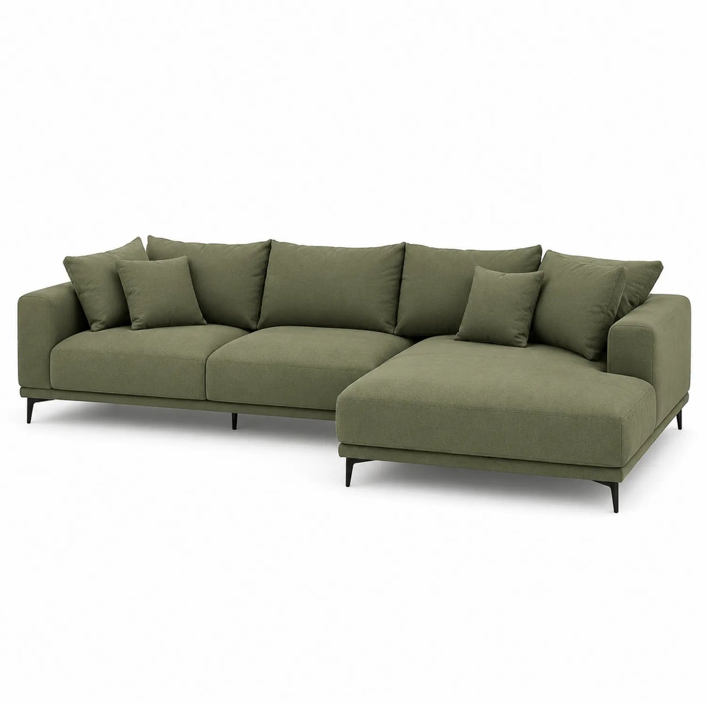 Sofa narożna z szezlongiem prawostronnym tkanina poliestrowa 300 cm x 170 cm x 85 cm oliwkowa zieleń czarne nogi