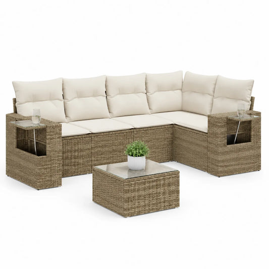 Zestaw mebli ogrodowych narożna sofa modułowa technorattan PE beżowy kremowy 6-osobowa 285x220x80 cm stół 75x75x35 cm szkło hartowane